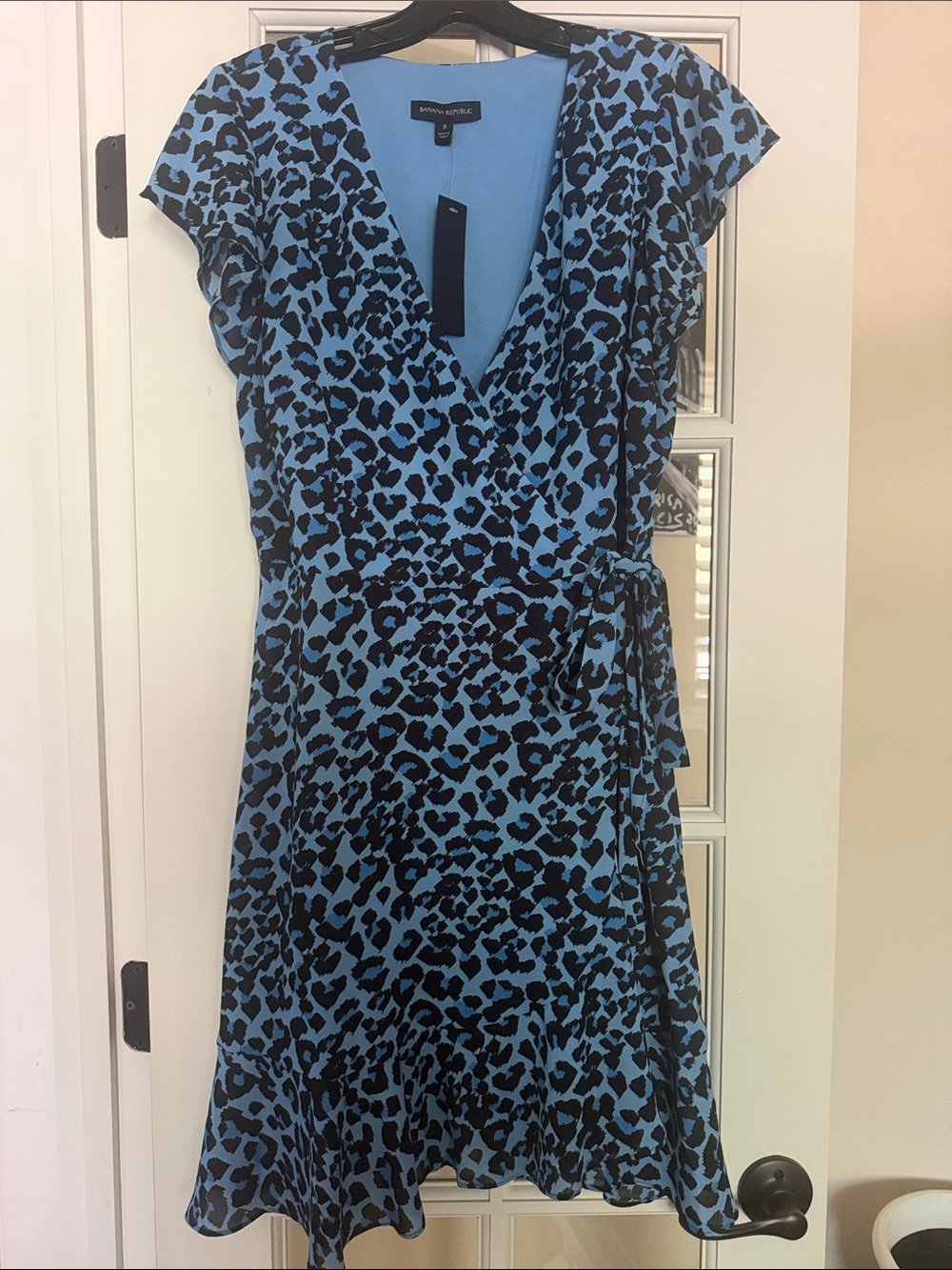 Banana Republic Blue and Black Leopard Print Wrap Dress 8